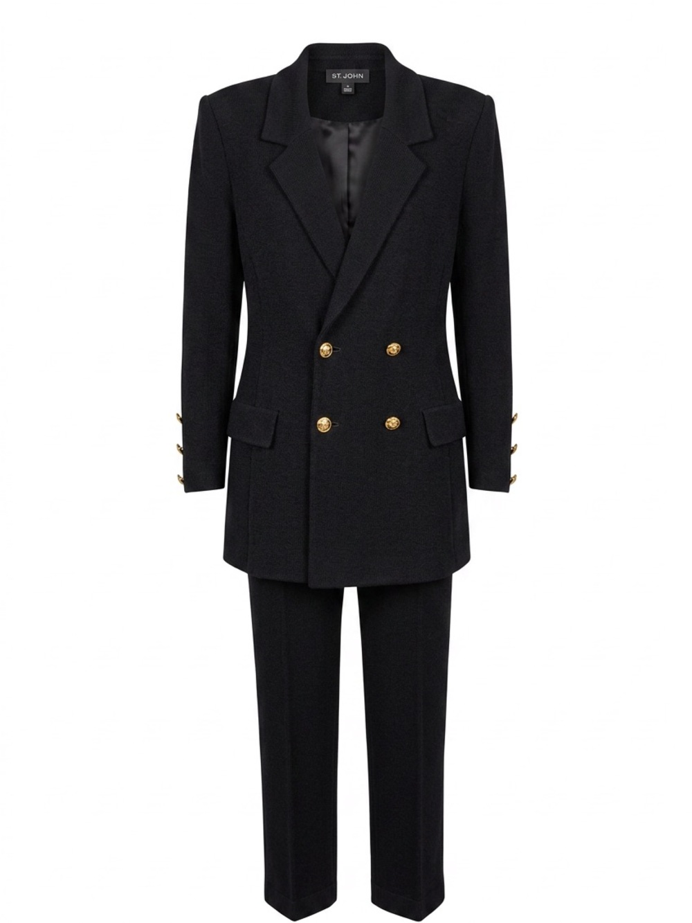St. John Black Double-Breasted Suit with Gold Buttons